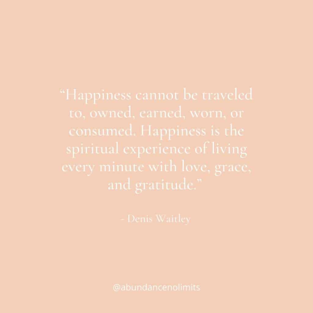 “Happiness cannot be traveled to, owned, earned, worn, or consumed. Happiness is the spiritual experience of living every minute with love, grace, and gratitude.” - Denis Waitley